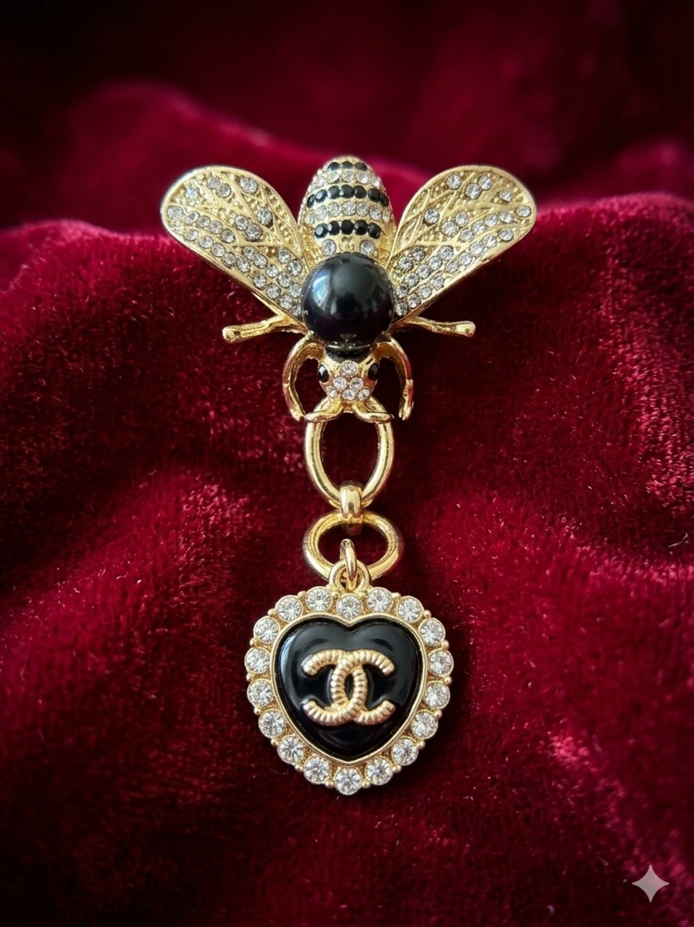 Gold Bee Brooch with Black Enamel Heart and Crystal Accents